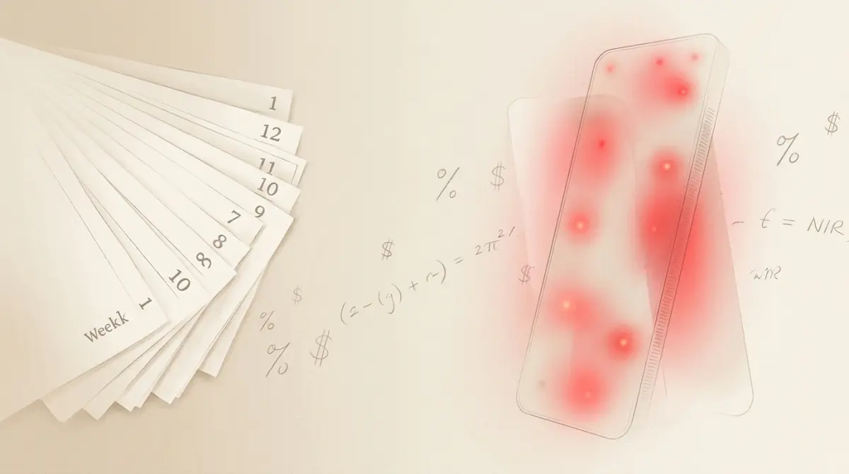 Editorial illustration: red light therapy panel silhouette overlapping a 12-week paper calendar fan with dollar and percentage notations floating in cream-toned space