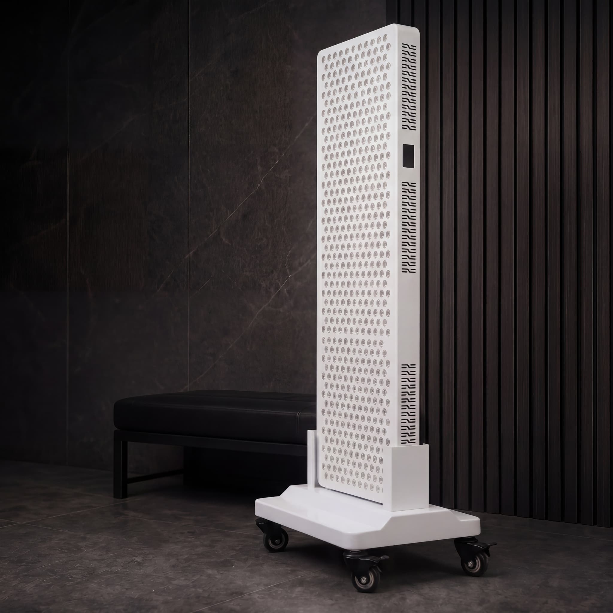 RLPRO 1000 full-body red light therapy panel on its wheeled stand