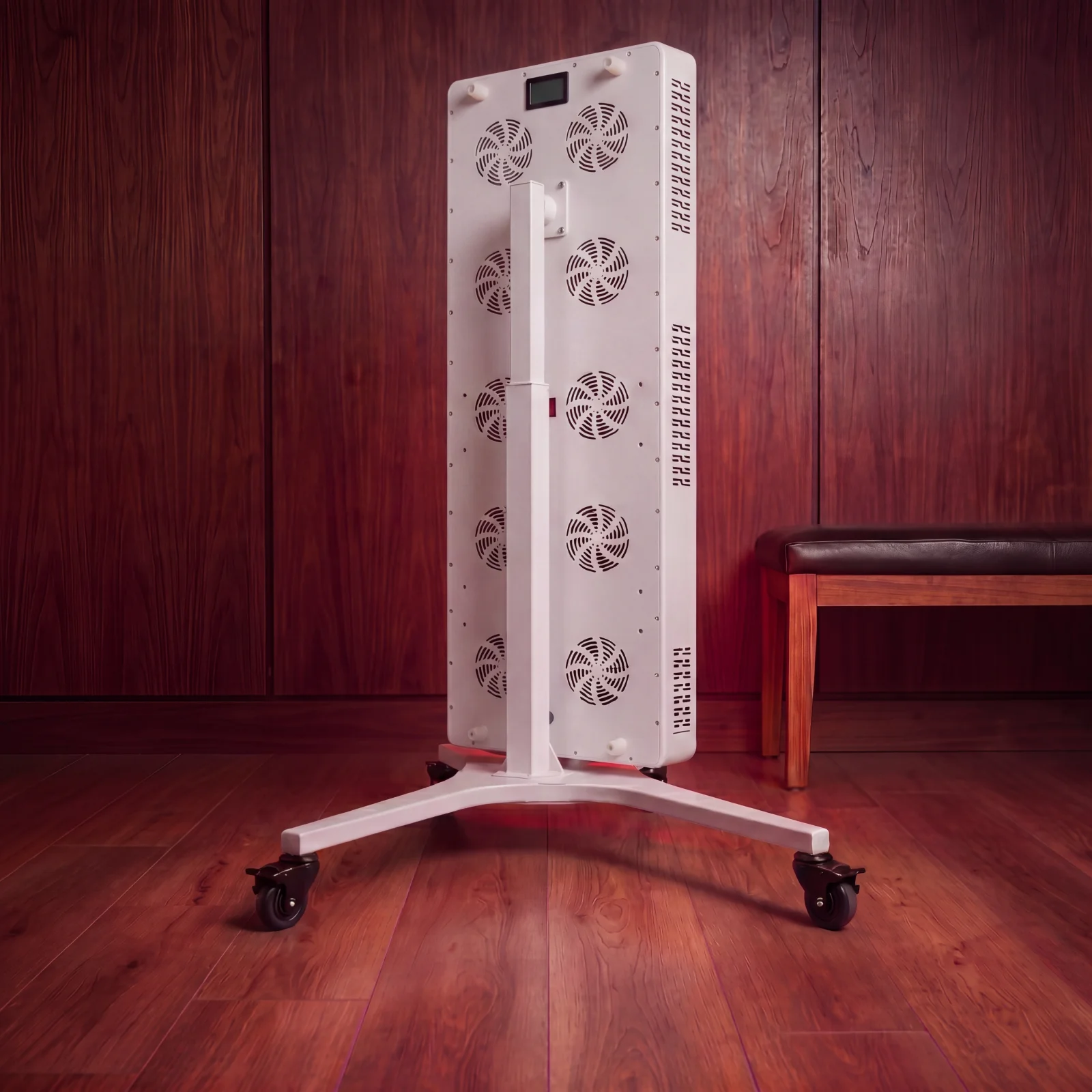 RLPRO 1200 on the electric lifting stand, three-quarter rear view showing the cooling fan array