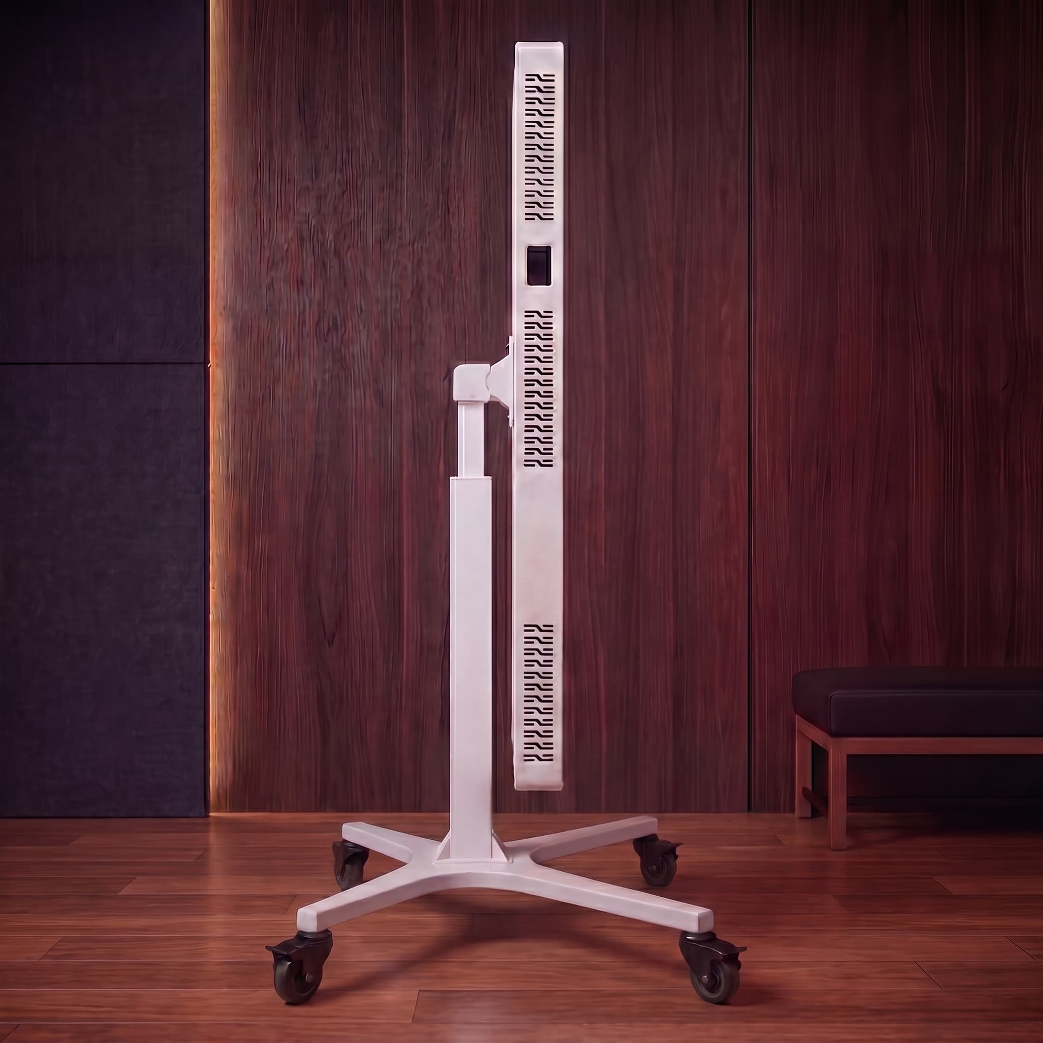RLPRO 2000 pure 90° right side profile on the electric lift stand — slim cross-section with vertical vent groups + LCD upper third, warm mahogany wellness room