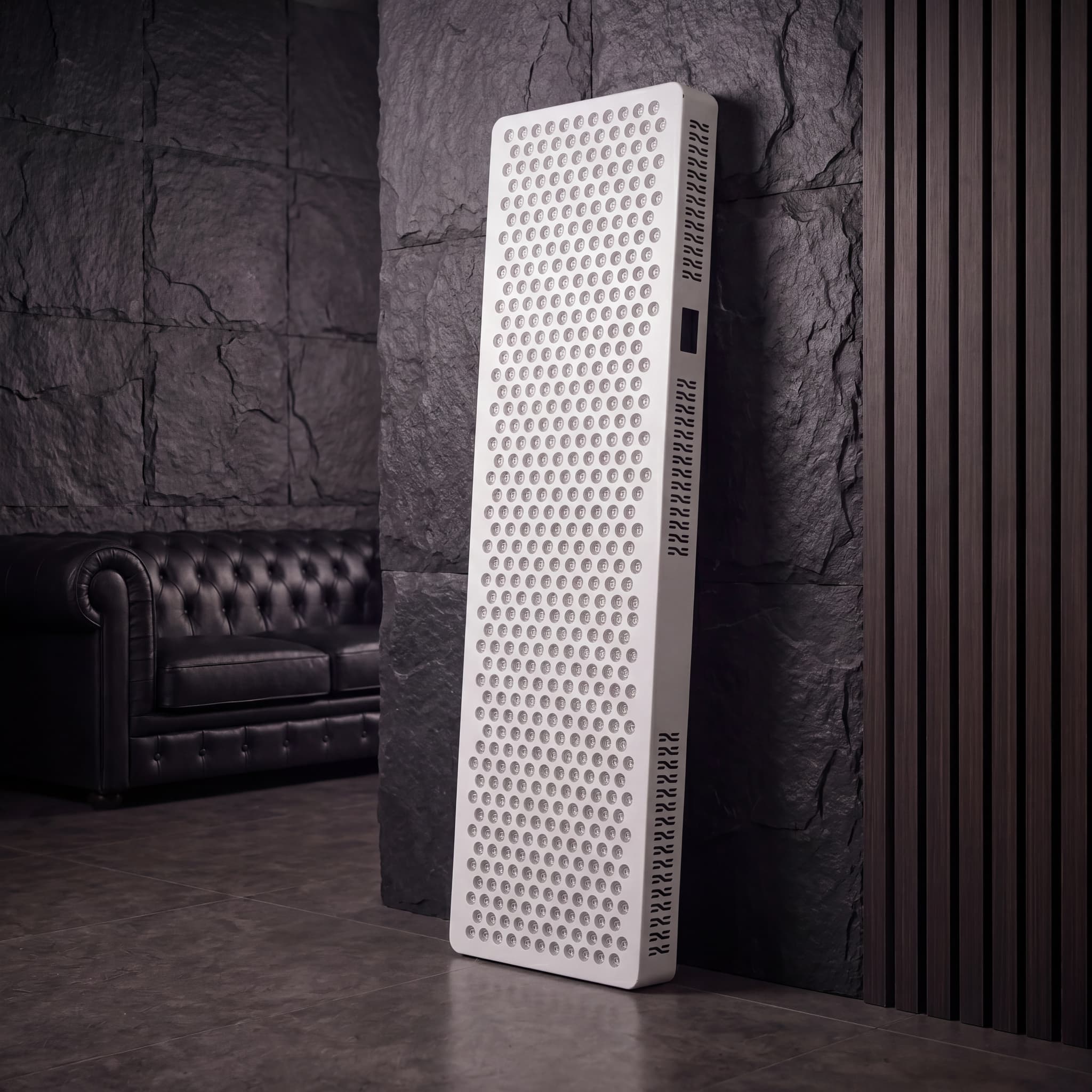 RLPRO 2000 flagship full-body LED therapy panel leaning against a dark slate stone wall — dramatic dark-stone brand environment hero